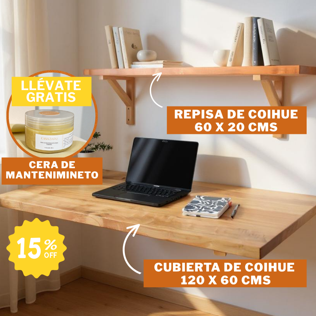 Cubierta de Coihue para Escritorio 120 x 60 cms + Repisa 60 x 20 cms + Kit de Mantenimiento de REGALO